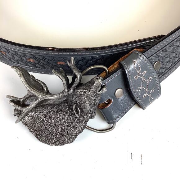Sz 36 Tooled Leegin Silver Creek Leather Western Belt w/Elk Bergamot Buckle 1980 - Picture 3 of 12